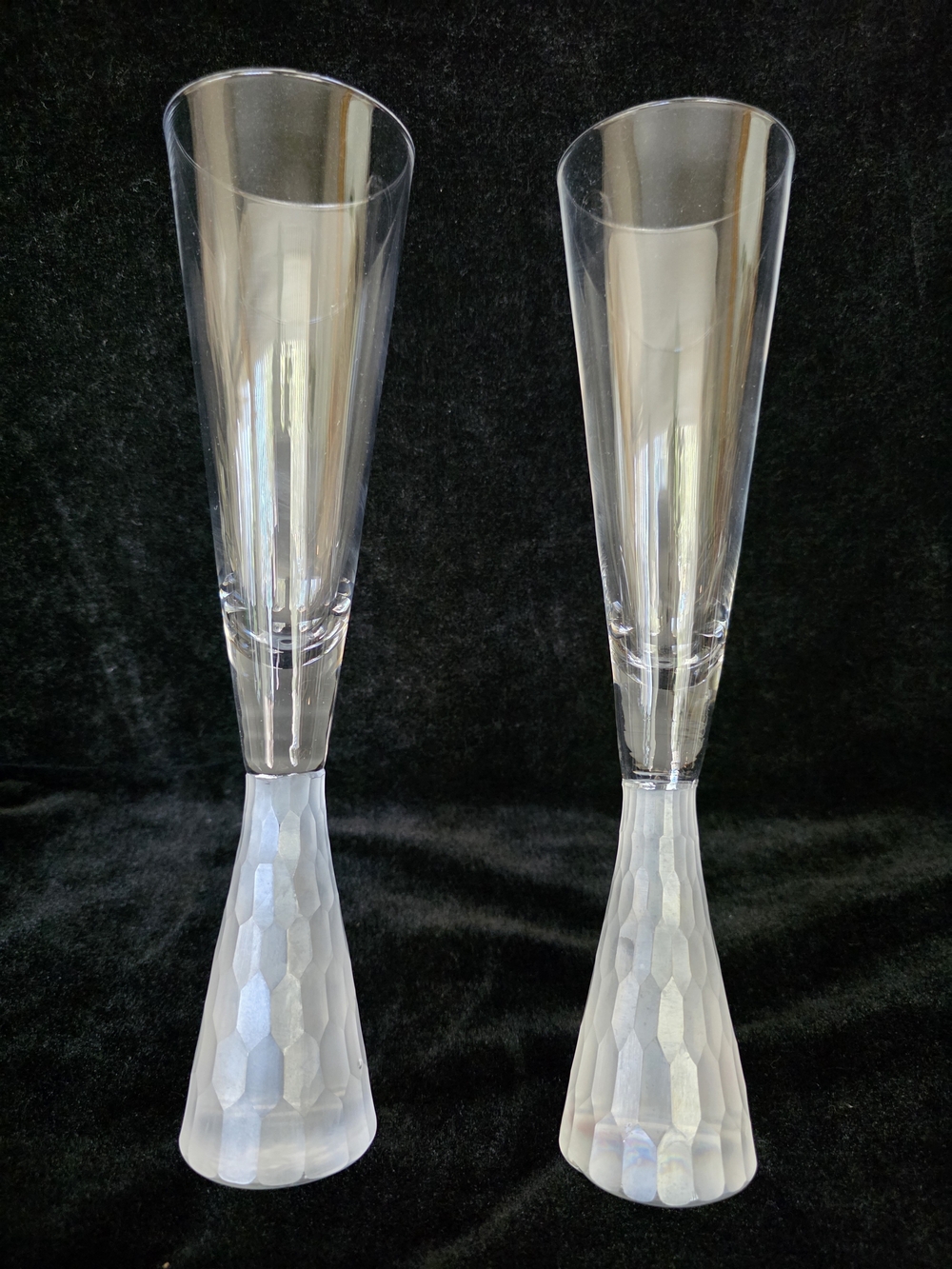 2-Vintage 1970 Roost San Francisco Clear and Frosted White Champagne Flutes